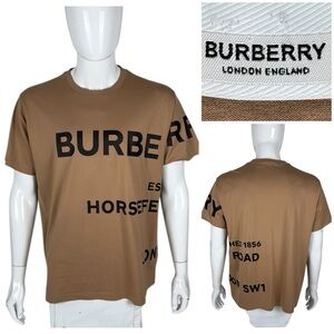 Burberry Mens Large T Shirt Horseferry Print Cotton Oversized Brown Unisex
